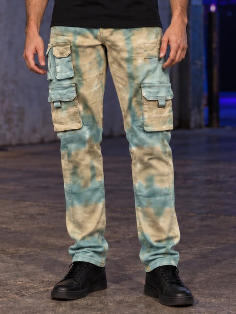 Serenede Cyber Cloud Cargo Jeans Mens 34 Blue Tan Tie Dye Tactical Utility Slim
